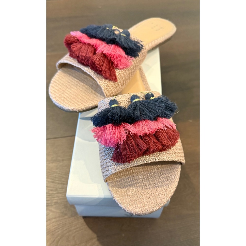 A New Day Womens 9 Ayana Slide Sandals Tan Woven Multi Tassel Fringe Boho Hippie